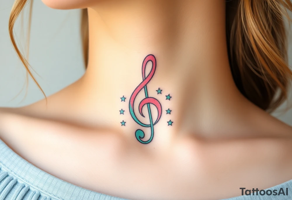 A treble clef with small whimsical stars around it, in a soft pastel palette of pink, mint green, and baby blue tattoo idea