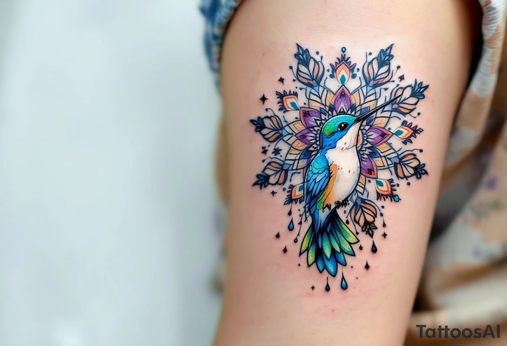 Colorful hummingbird centered in front of a mandala design tattoo idea
