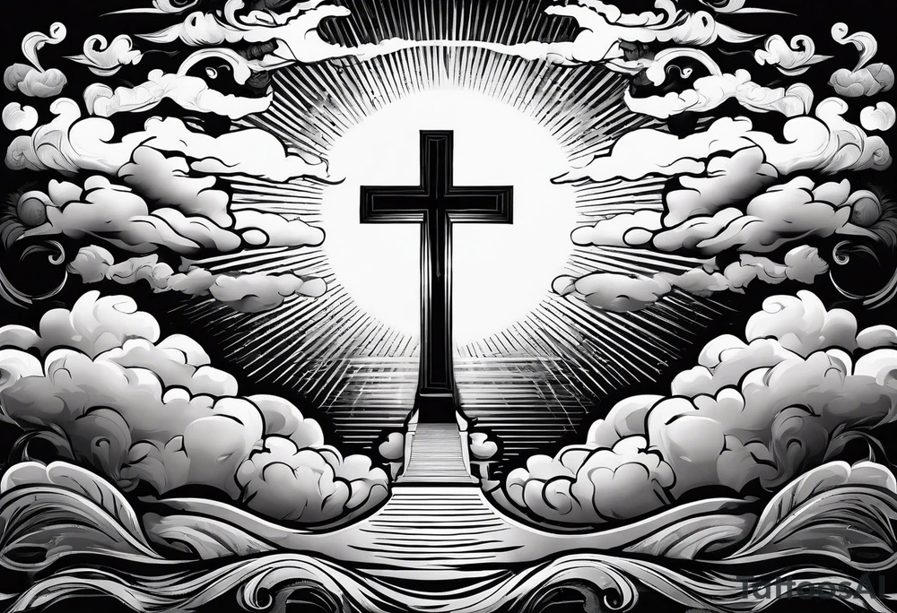 bible verse with a very simple cross in the background and realistic clouds shadowing the cross in the background tattoo idea