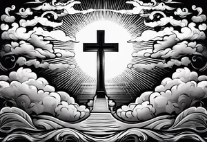 bible verse with a very simple cross in the background and realistic clouds shadowing the cross in the background tattoo idea