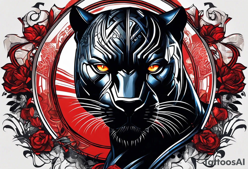 unique black panther tattoo, dynamic pose, showcasing its strength and grace, striking red eyes, intense and captivating elements, artistic flair, blending realism with abstract elements tattoo idea