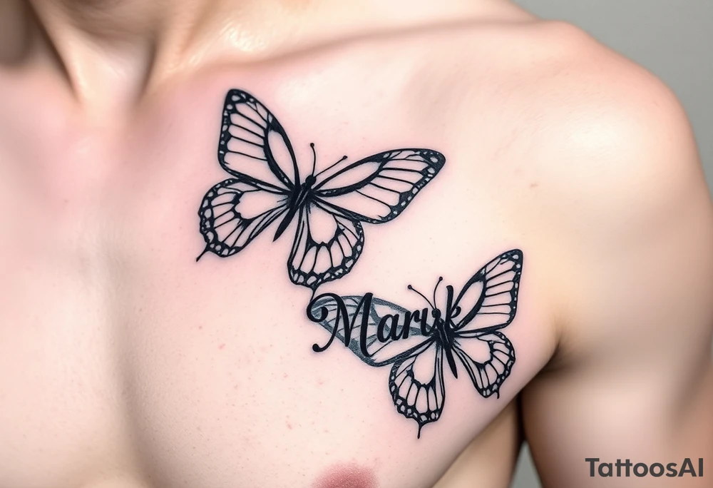 right side of chest coverup with butterflies with the name “Mark” tattoo idea