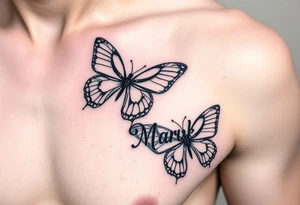 right side of chest coverup with butterflies with the name “Mark” tattoo idea