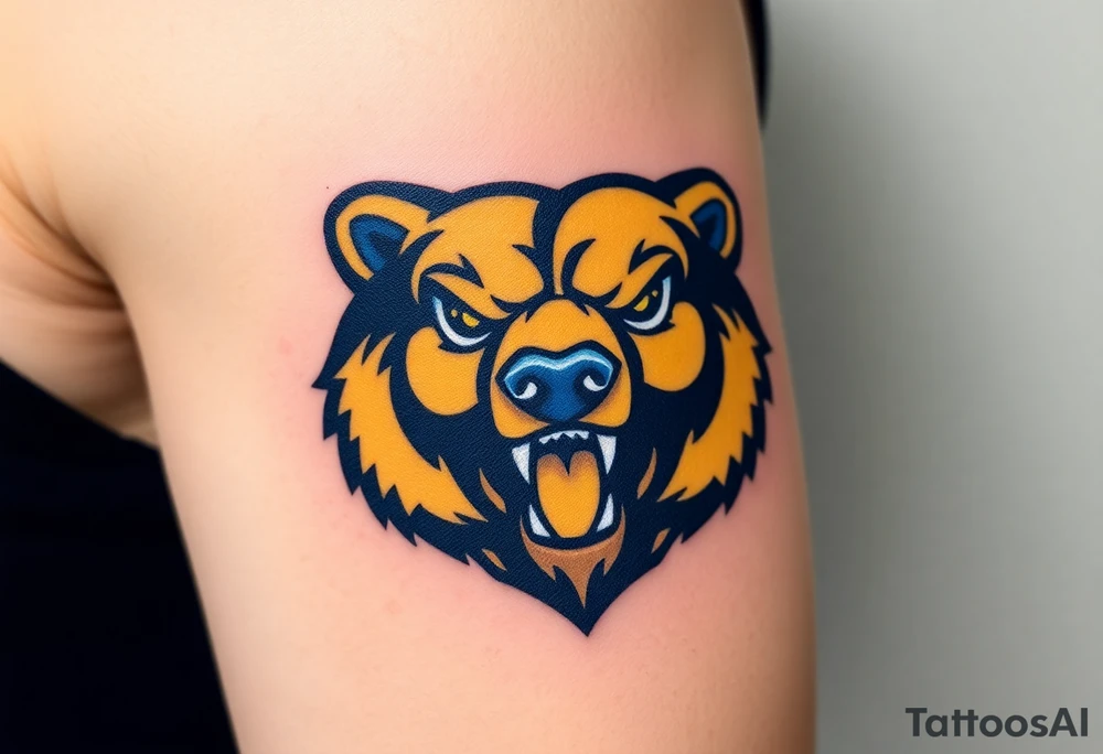 University of Northern Colorado bear mascot  head with Navy blue and yellow with UNC lettering Above head tattoo idea