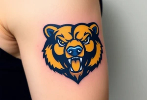 University of Northern Colorado bear mascot  head with Navy blue and yellow with UNC lettering Above head tattoo idea