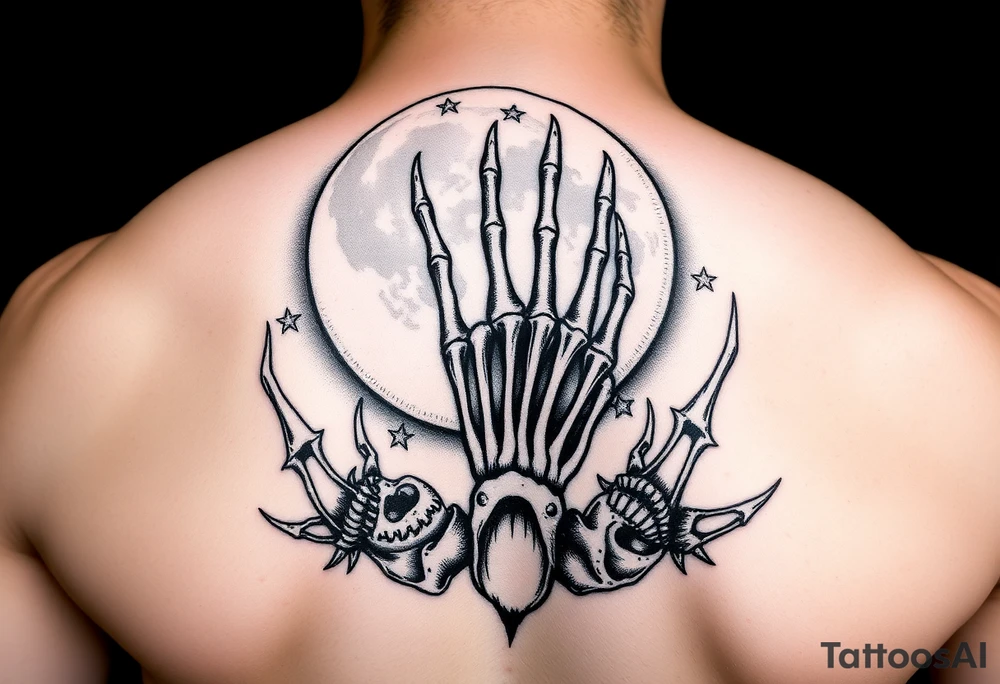 zodiac cancer skeletal hand snile with fangs on a fyull blood dead
y moon surrounded by dead quids
 and a hellishly starry sky tattoo idea