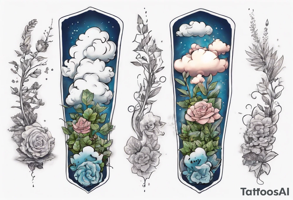 a forearm tattoo with a cloud with little plants and underneath it the date 12.08.05 tattoo idea