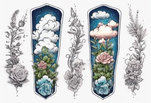 a forearm tattoo with a cloud with little plants and underneath it the date 12.08.05 tattoo idea