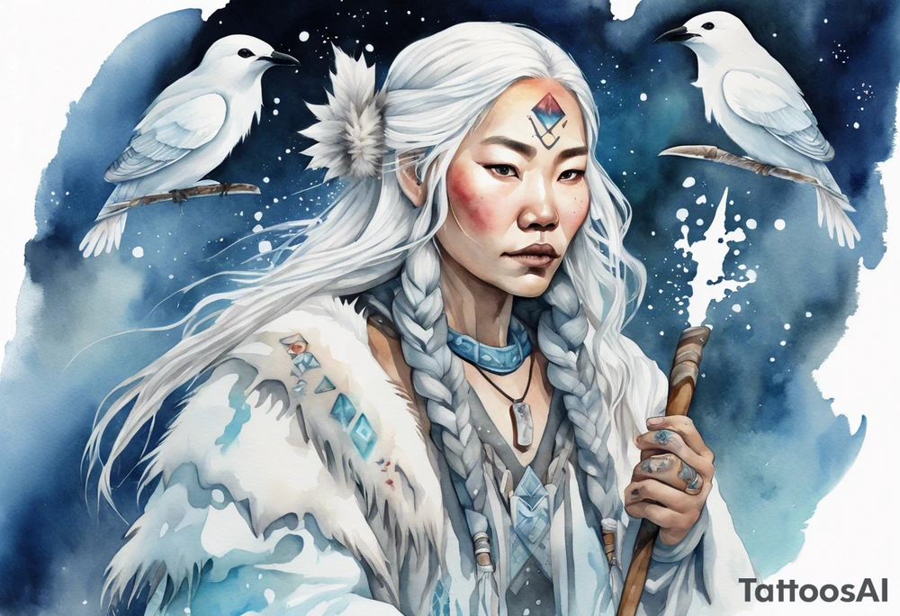 a watercolor of an Inuit woman with long white hair with a white wand in her left hand, surrounded by ice tattoo idea