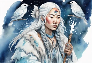 a watercolor of an Inuit woman with long white hair with a white wand in her left hand, surrounded by ice tattoo idea