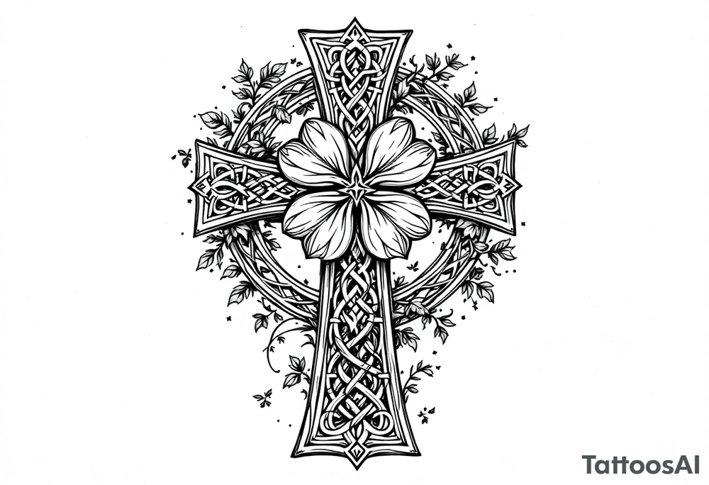 detailed irish celtic cross with a four leaf clover being surrounded by other celtic elements include a tree of life tattoo idea