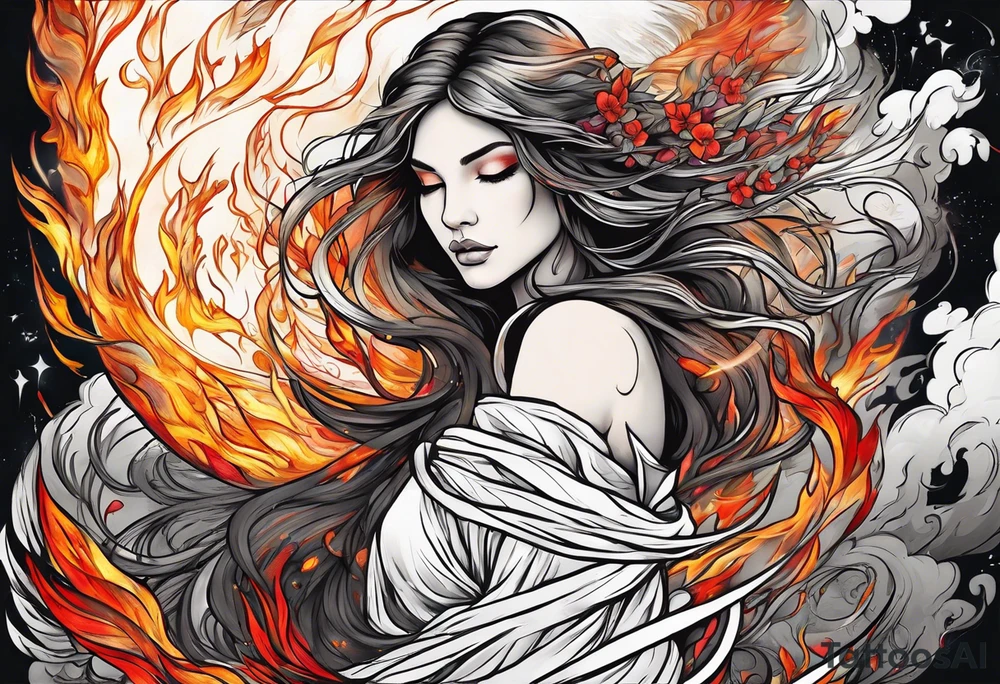 Resurrection Beautiful Woman walking through fire and chaos to inner peace and self-love  ethereal tattoo idea