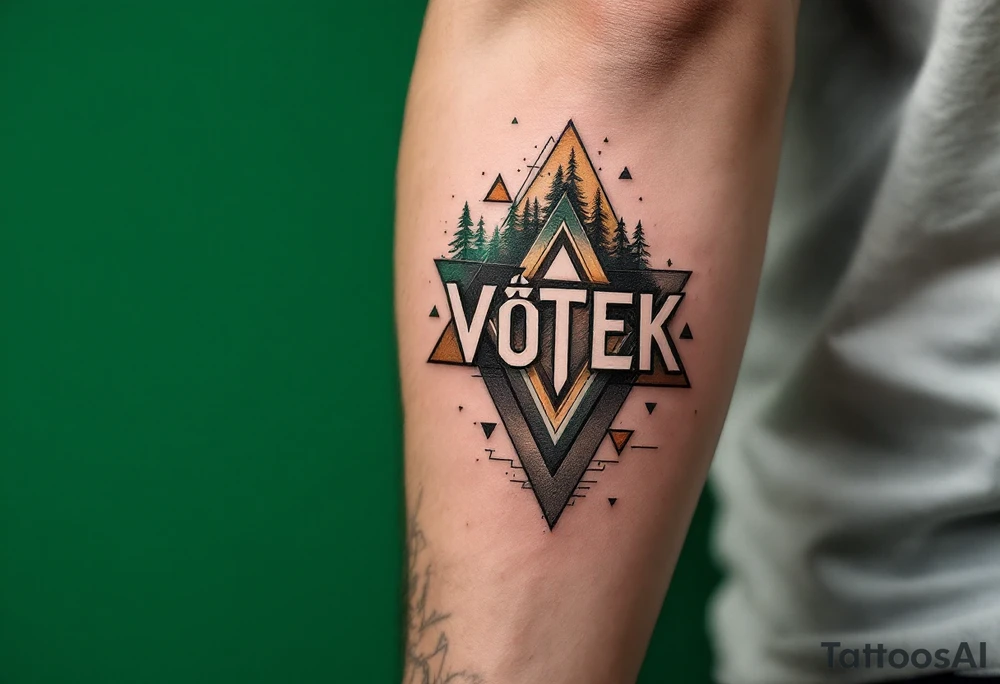 Vítek written in strong, clean letters, surrounded by geometric triangles in shades of forest green and earthy brown. tattoo idea