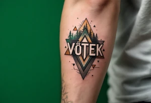 Vítek written in strong, clean letters, surrounded by geometric triangles in shades of forest green and earthy brown. tattoo idea