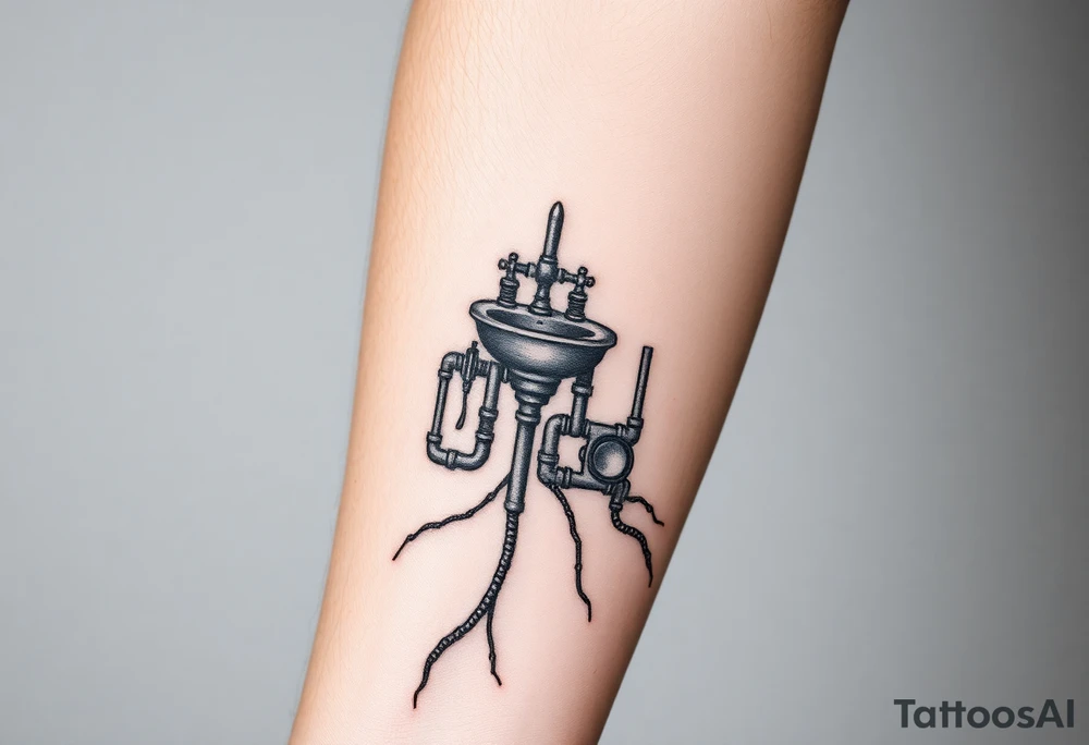 System of pipes coming from a sink that transitions into veins of forearm tattoo idea