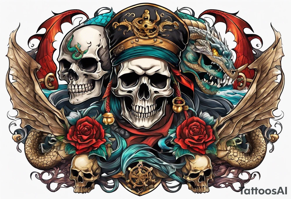 multiple skull pirates together with a sea serpent dragon tattoo idea