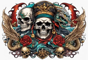 multiple skull pirates together with a sea serpent dragon tattoo idea