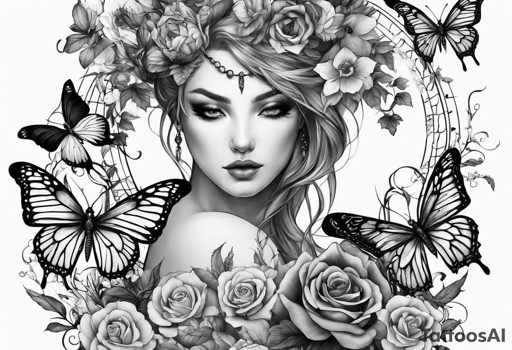 Capricorn and butterflies with a cross sleeve tattoo idea