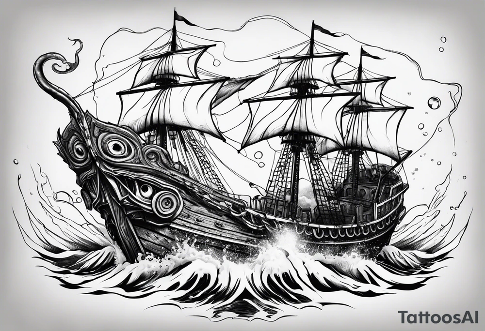 Kraken from underworld breaking boat. tattoo idea