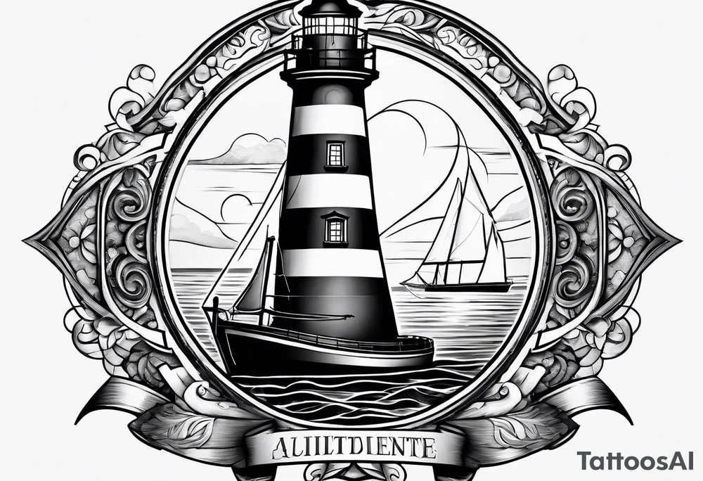 maritime lighthouse in a front view sailboat serving as a mast for a sail. tattoo idea