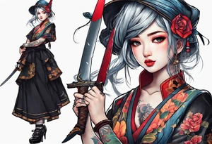Cute girl with a bayonet knife in hands tattoo idea