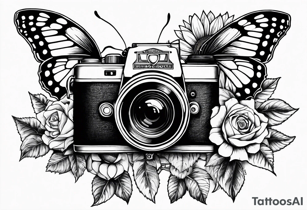 Butterfly, sunflower, camera, book, flower rose tattoo idea Butterfly, sunflower, camera, book, flower rose tattoo idea