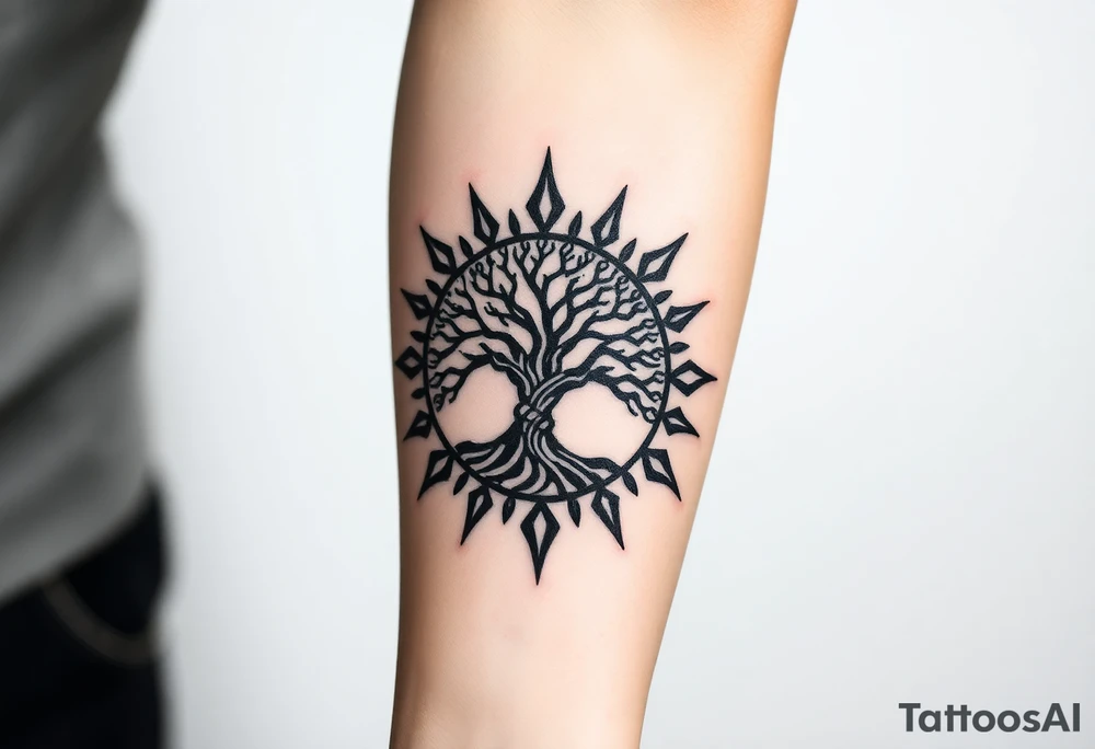 Tree encircled in a spiral sun or circle tattoo idea