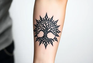 Tree encircled in a spiral sun or circle tattoo idea