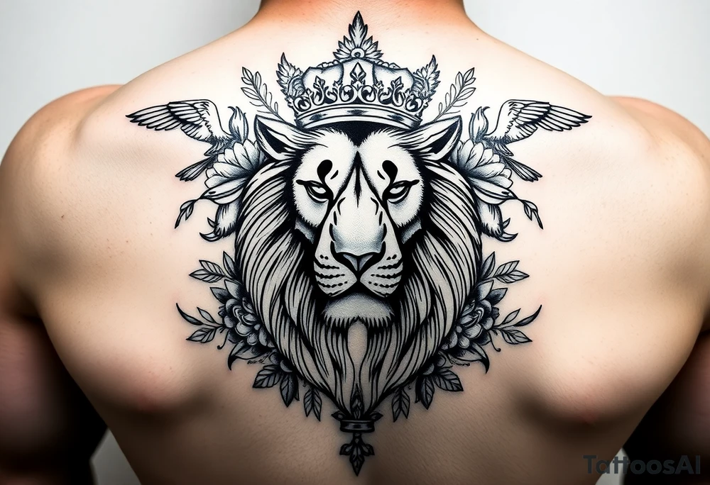 powerful majestic lion with a crown, surrounded by floral ornaments and birds tattoo idea