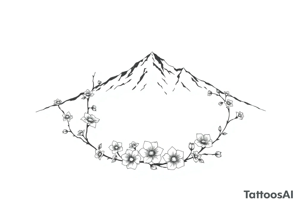 An elongated mountain range with vines and dogwood flowers tattoo idea