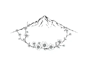 An elongated mountain range with vines and dogwood flowers tattoo idea