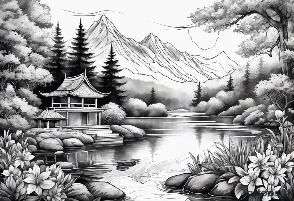 Mystical, hidden garden, flowers, lake tattoo idea