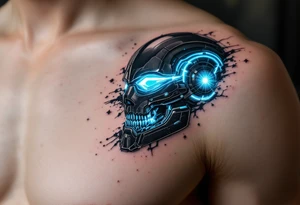 A shattered robotic mask revealing human skin underneath, glowing in dark gunmetal, electric blue, and black shadows. tattoo idea