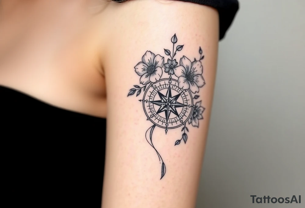 Abstract Compass with large flowers flowing above and below the compass tattoo idea