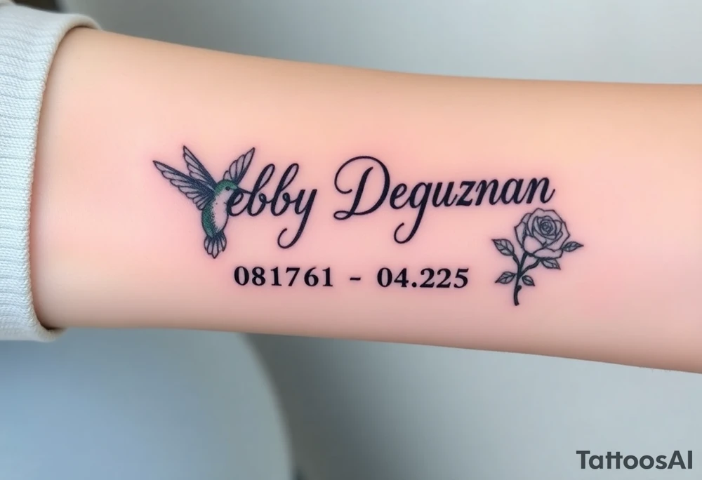 Tattoo of the exact name Debby Deguzman in chunky curly cursive with the exact dates of 08/17/61-05/29/25 surrounded by 1 hummingbird and 1 rose tattoo idea