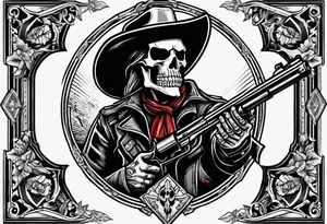 arm tattoo with a western background that has a horseman, skelleton in the middle with a revolver and red dead redemtion hat tattoo idea