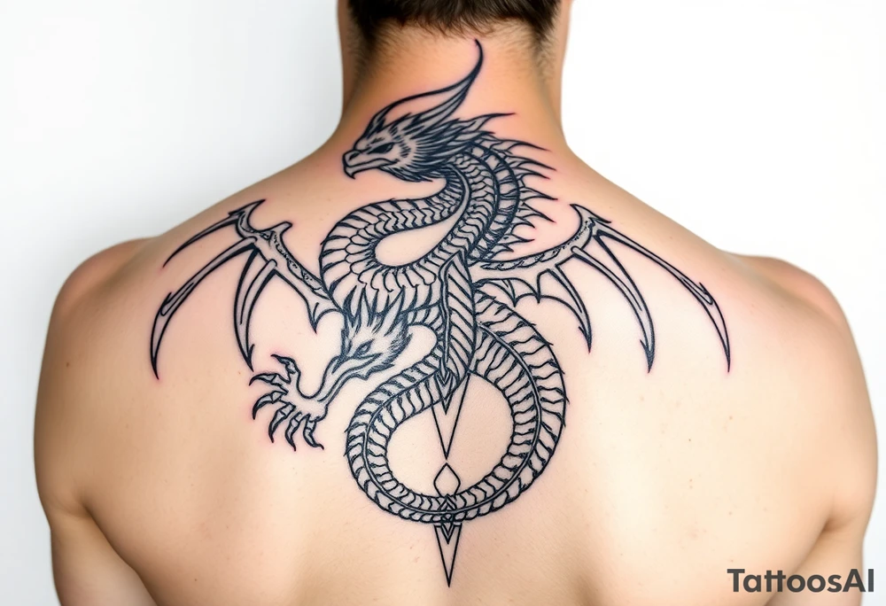 powerful majestic dragon on the back of female, 
radiates the message:

"I am grounded in the Earth, fluid as Water, free as Air, and blazing with Fire. Guided by my heart’s compass, my inner dragon guards the light within, and I walk my path with clarity and strength." tattoo idea