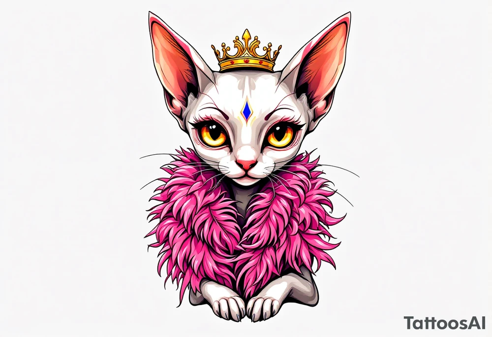 Chibi Glamorous sphinx cat with a pink feather boa and wearing a crown tattoo idea