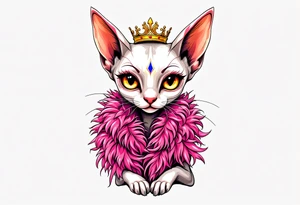Chibi Glamorous sphinx cat with a pink feather boa and wearing a crown tattoo idea
