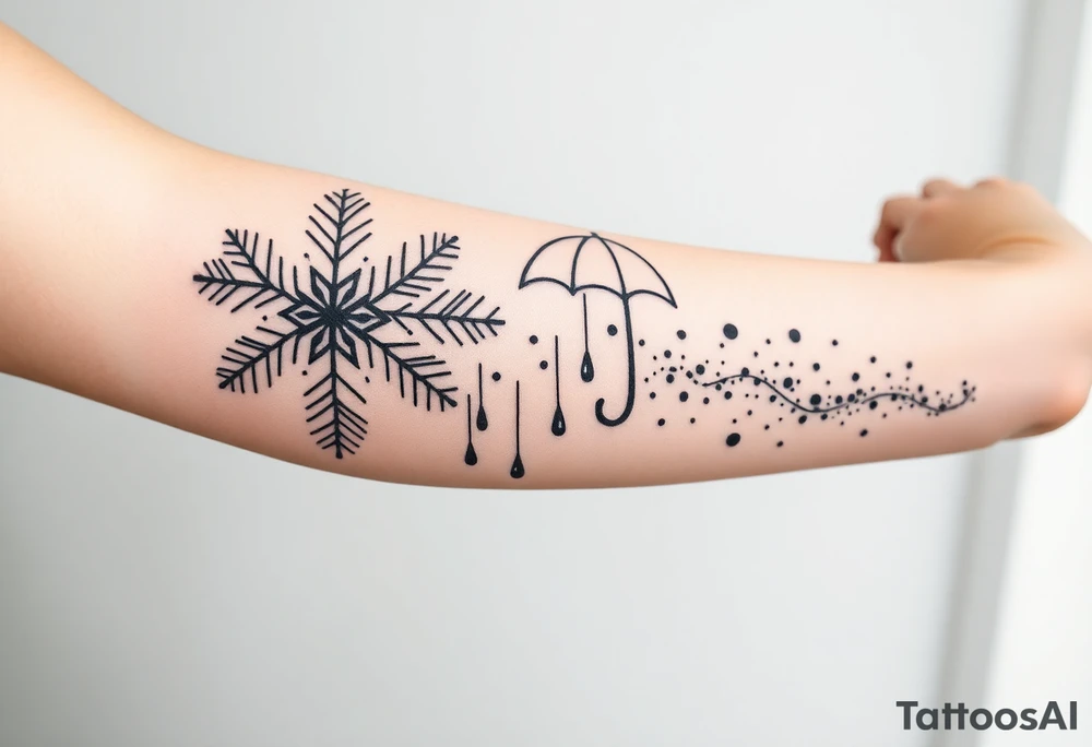 A snowflake melting and turning into rain drops and the rain drops cascading over and umbrella tattoo idea