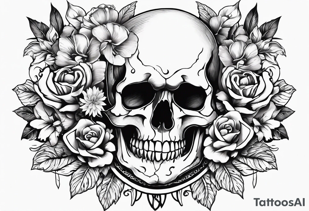 neck tattoo stencil of skull and flowers about pain and struggle in new scholl or polka trash style tattoo idea