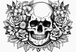 neck tattoo stencil of skull and flowers about pain and struggle in new scholl or polka trash style tattoo idea