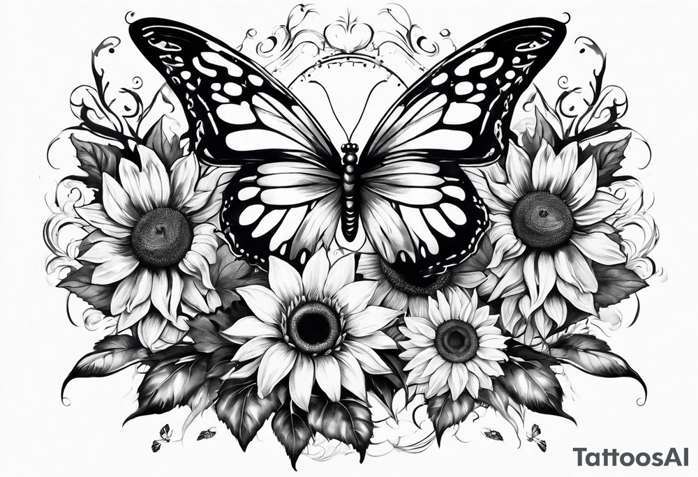 Sleeve with angel wings, sunflower and butterfly tattoo idea