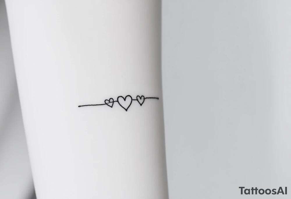 A minimalist infinity symbol with two tiny hearts at the end of each loop, rendered in a thin, black ink for a subtle, timeless look tattoo idea