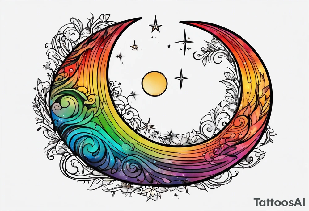Small crescent moon with a rainbow tattoo idea