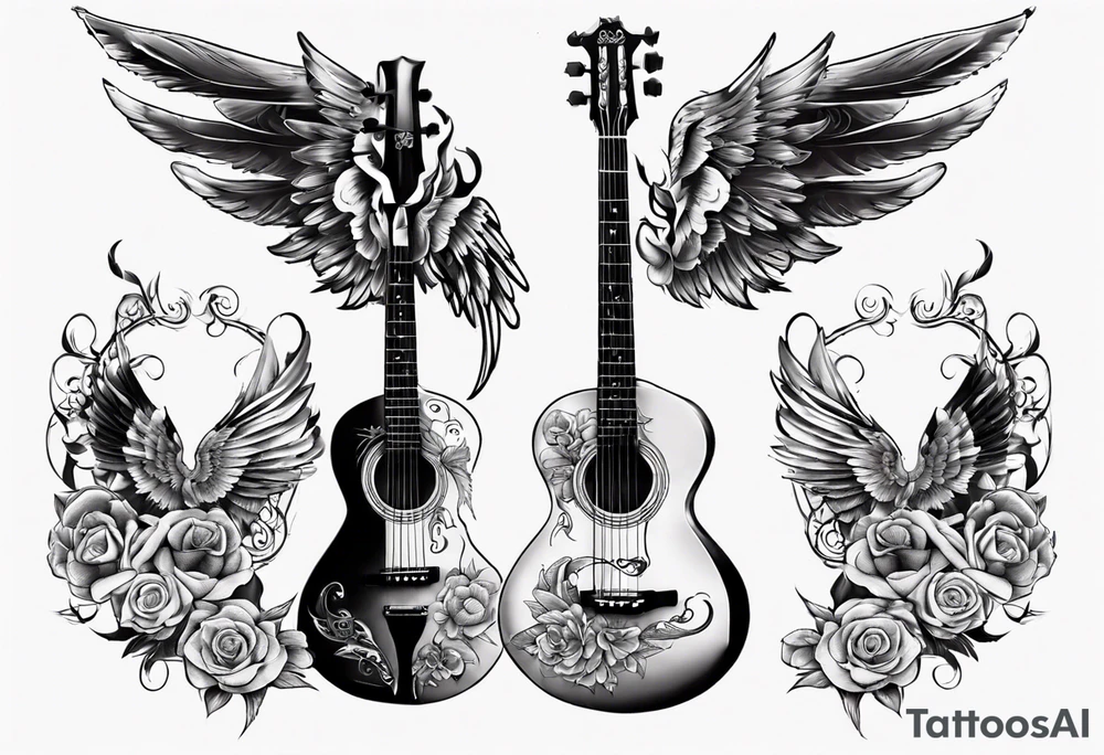 CROSSEED ACOUSTIC GUITAR AND VIOLIN WITH WINGS tattoo idea