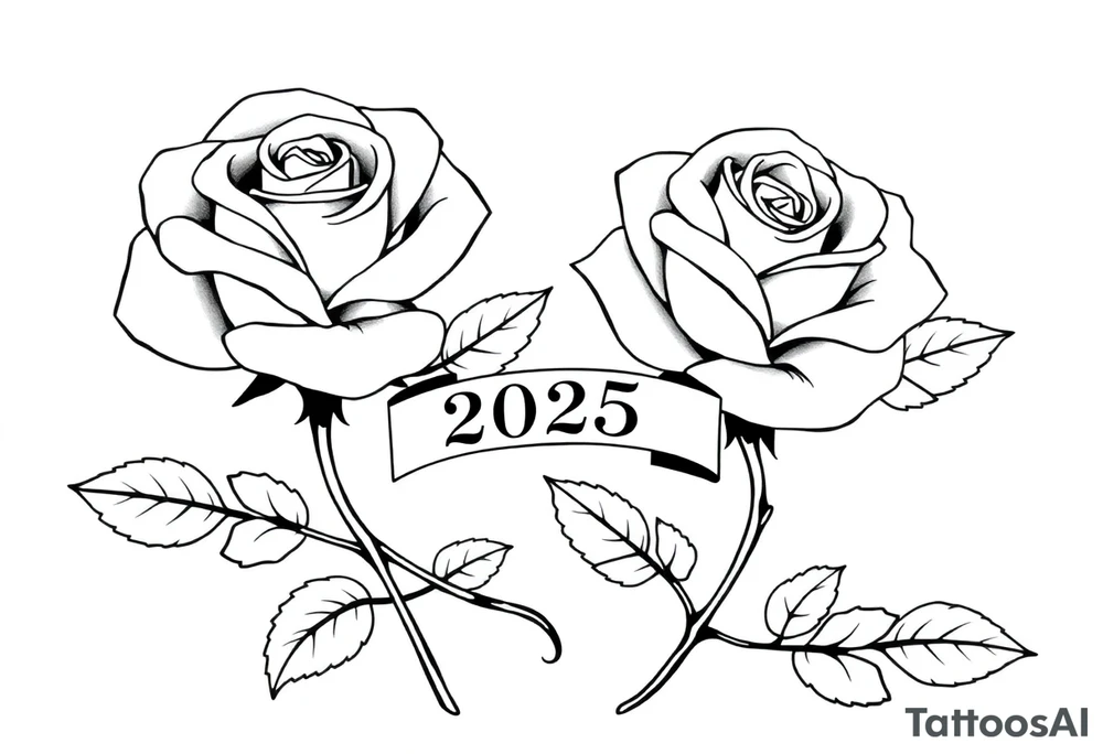 two beautiful large rose buds, one larger than the other, with many leaves next to the rose buds, with one sitting higher than the other. Include a banner connecting the two roses with the year 2025 on it.   Use dark outlines with little shading. The two stems should be short, not long, and connect and join into one stem, whimsically curved or twisted - not straight down. tattoo idea
