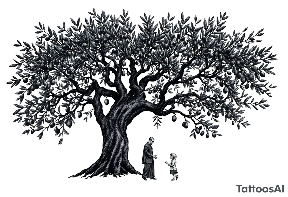 A highly detailed tattoo design featuring a majestic olive tree with sprawling branches and textured bark. Underneath the tree, a small family is depicted: a father, a mother wearing a hijab, and their young son, all interacting with the tree as if harvesting olives. The figures are fully blacked-out silhouettes, emphasizing simplicity and elegance, while the olive tree is intricately detailed with realistic leaves and a textured trunk. The composition conveys a sense of connection, unity, and tradition, with a soft gradient background to highlight the figures and tree tattoo idea