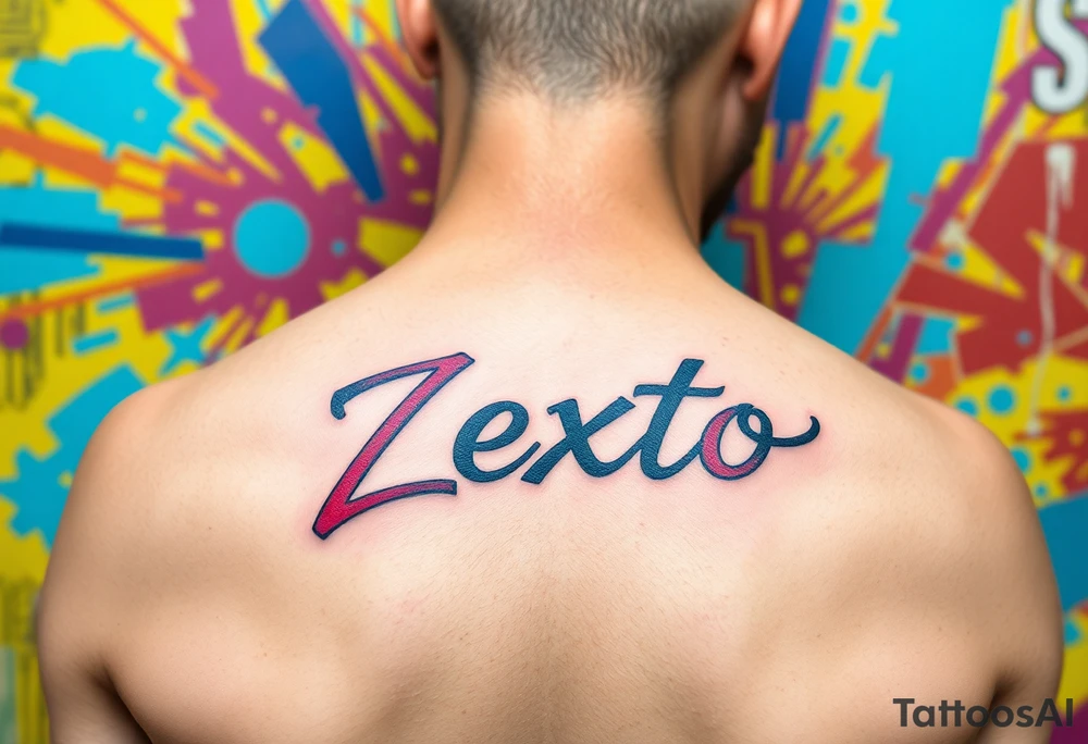 A bright colored graffiti style background with the name Zexto in script tattoo idea