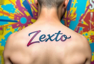 A bright colored graffiti style background with the name Zexto in script tattoo idea